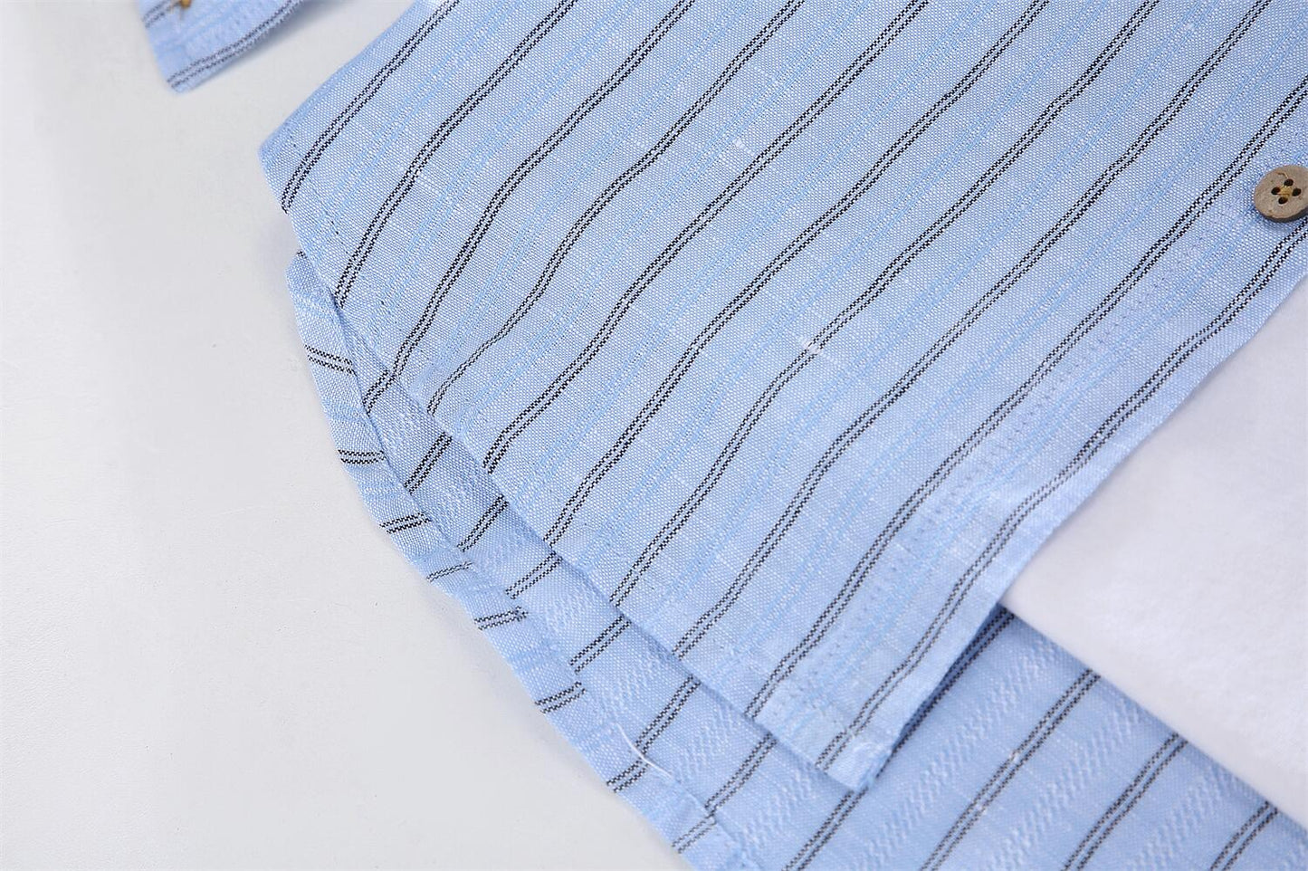 Striped Stand Collar Cotton Linen Shirt