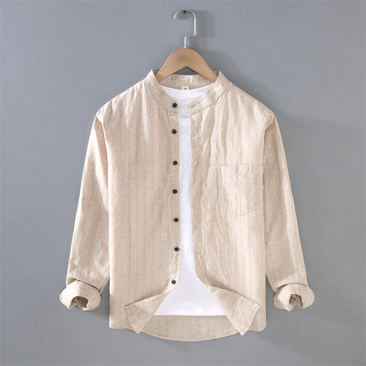 Stand Collar Cotton Linen Striped Long-Sleeved Shirt