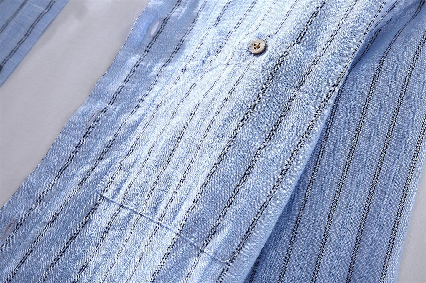 Striped Stand Collar Cotton Linen Shirt