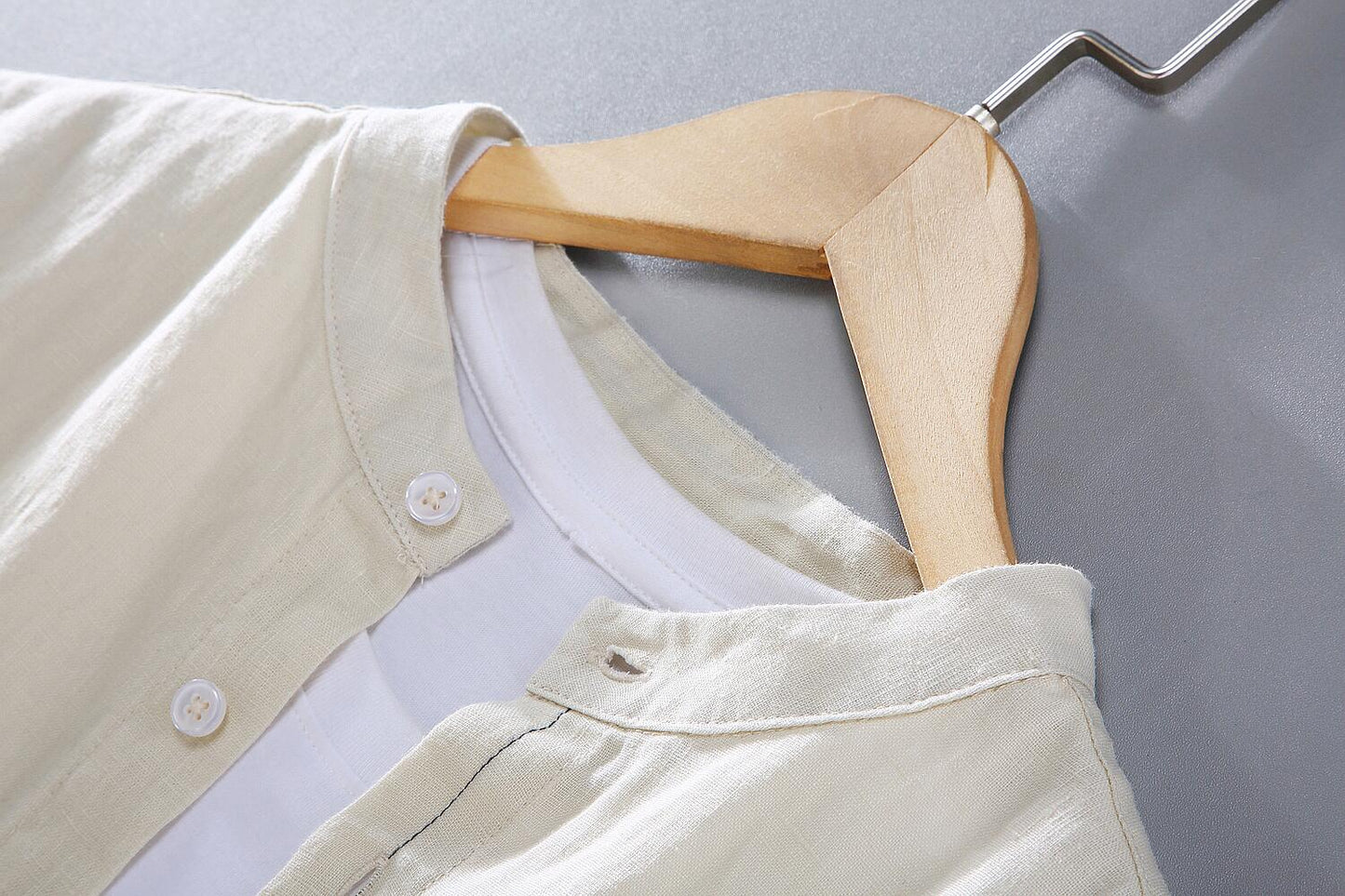 Pure Linen Long Sleeve Shirt - Stand Collar, Loose Fit