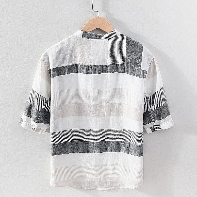 Striped Linen Shirt - Stand Collar, Half Sleeve