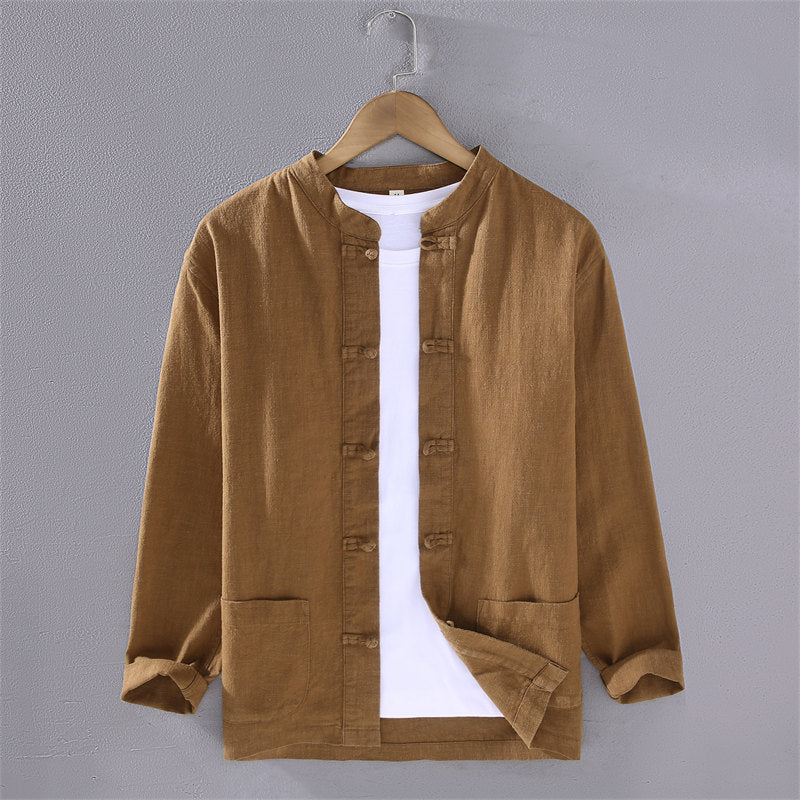 Stand Collar Cotton Linen Long Sleeve Shirt